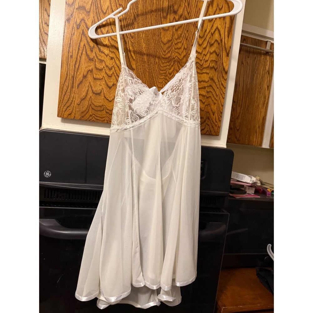 Vintage White Lace Sheer Mesh Babydoll Chemise Lingerie Open Back Satin Tie